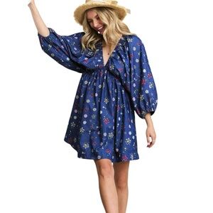 New Without Tags Madelyn Chambray Denim Floral Balloon Sleeve Dress Small $49